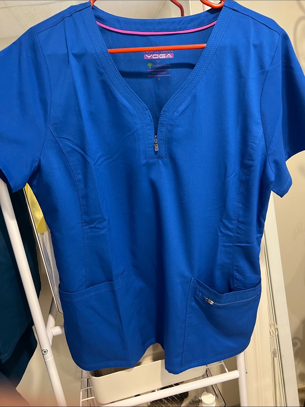 healing hands Cobalt Blue V-Neck Zip Scrub Top New